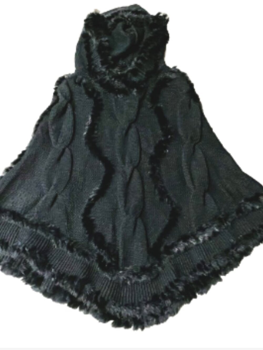 Black Rabbit Fur Cable Knit Chunky Hoodie Poncho Cape Goth Preppy Boho OS